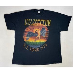 Led Zeppelin US Tour 1975 Retro Graphic T-shirt Men XXL Black Short Sleeve Music